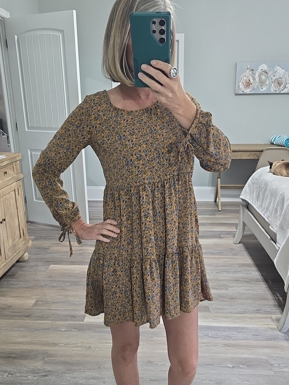 wild fable Mustard Floral Tiered Long-Sleeve Mini Dress